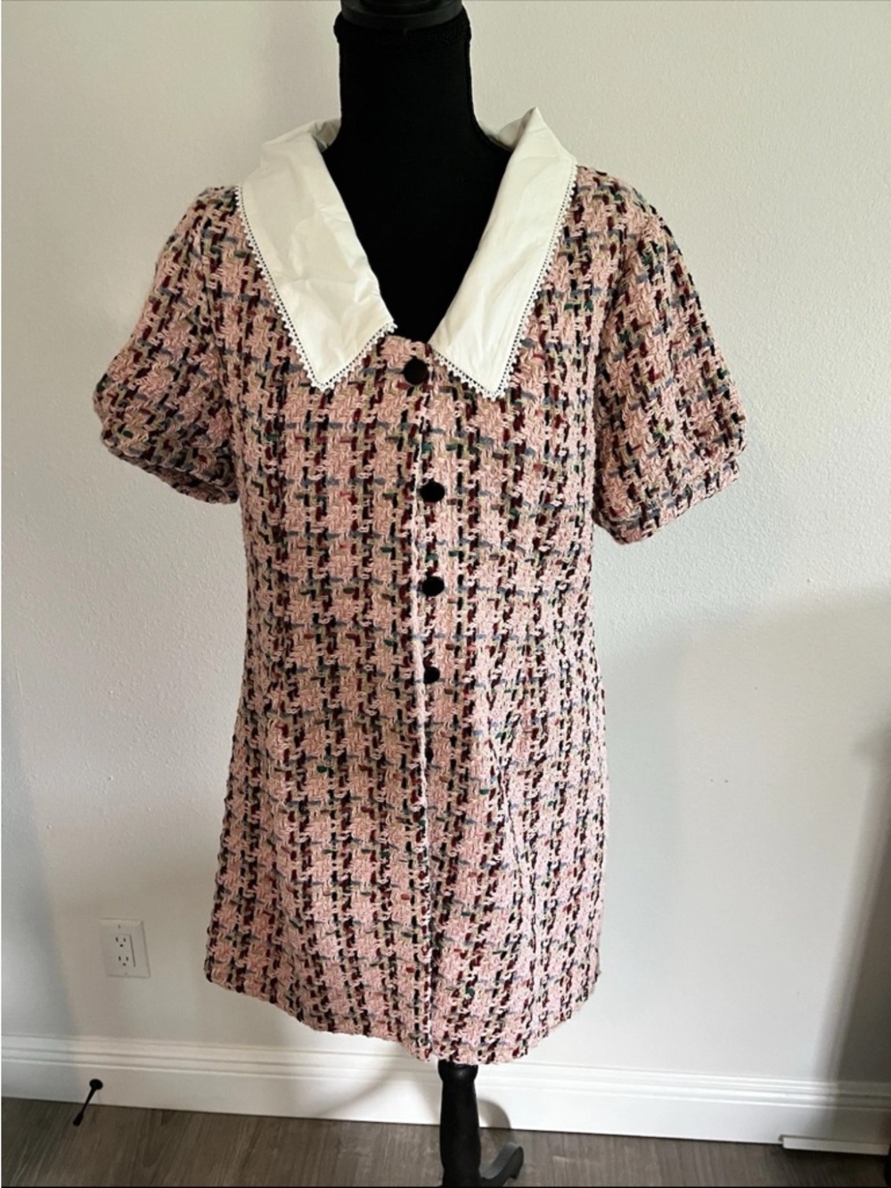 Pink Tweed Button-Front Dress with White Collar